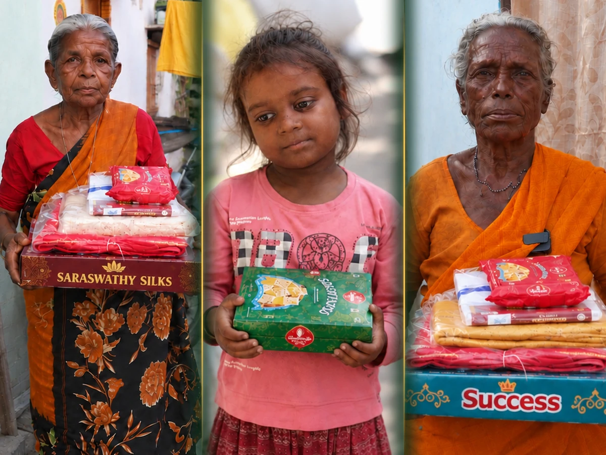 Two elders and a child holding the gifts handed to them