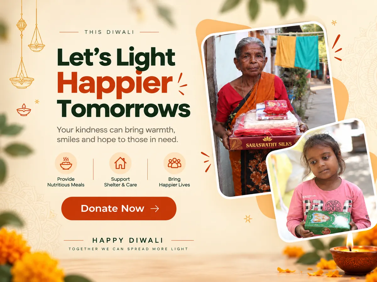 Let's light happier tomorrows — an elder and a child holding their Diwali gifts